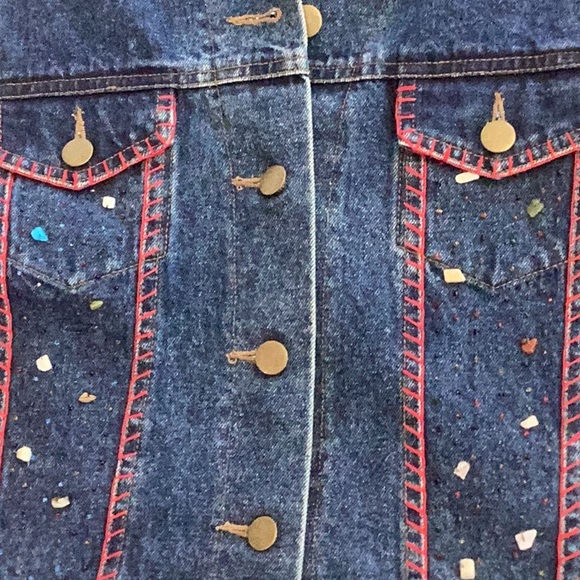 Cejon Jeans Jacket sz M Sleeveless Embellished Denim Vest Red Stitching EUC cute - Picture 5 of 17